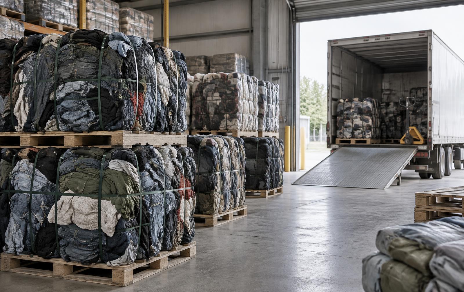 Baled used clothing on pallets beside a loading dock